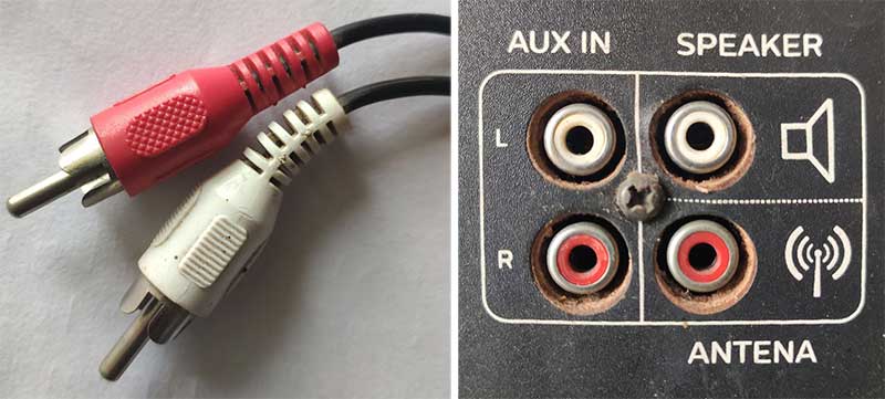 A pair of RCA plugs (left) and a set of RCA jacks (right)